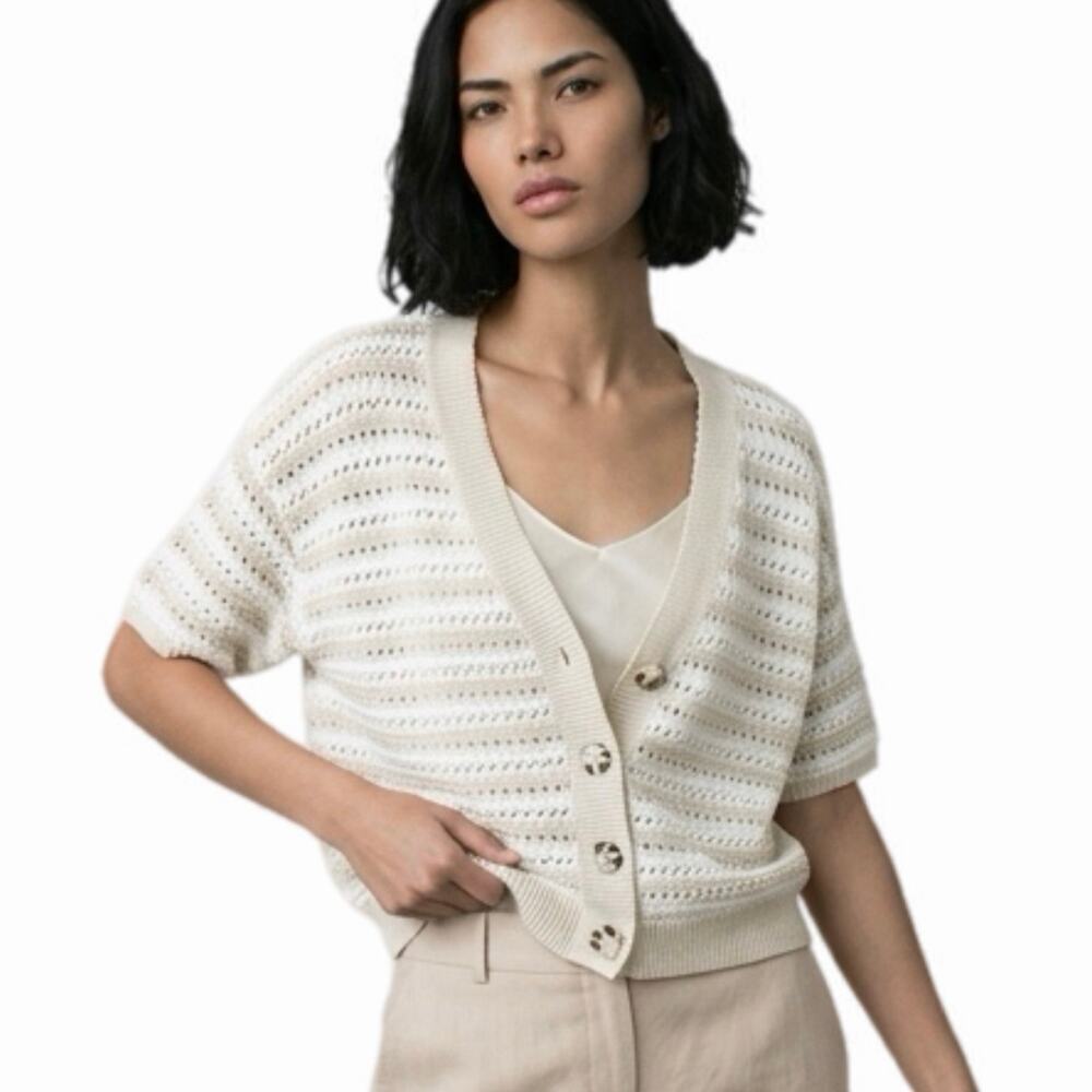 Universal Thread Women's Cardigan Sweater S White & Cream Open Knit Short Sleeve